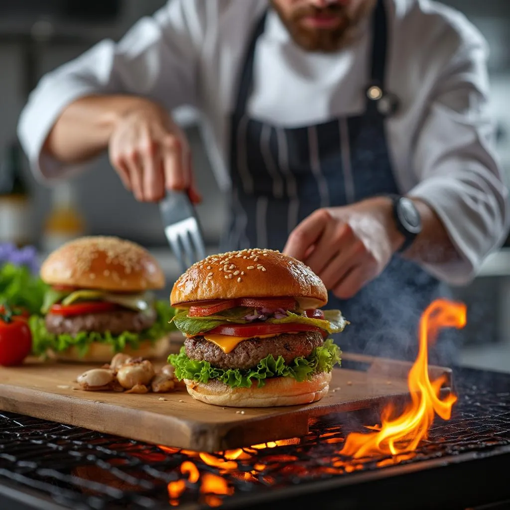 Chef preparando hamburguesas